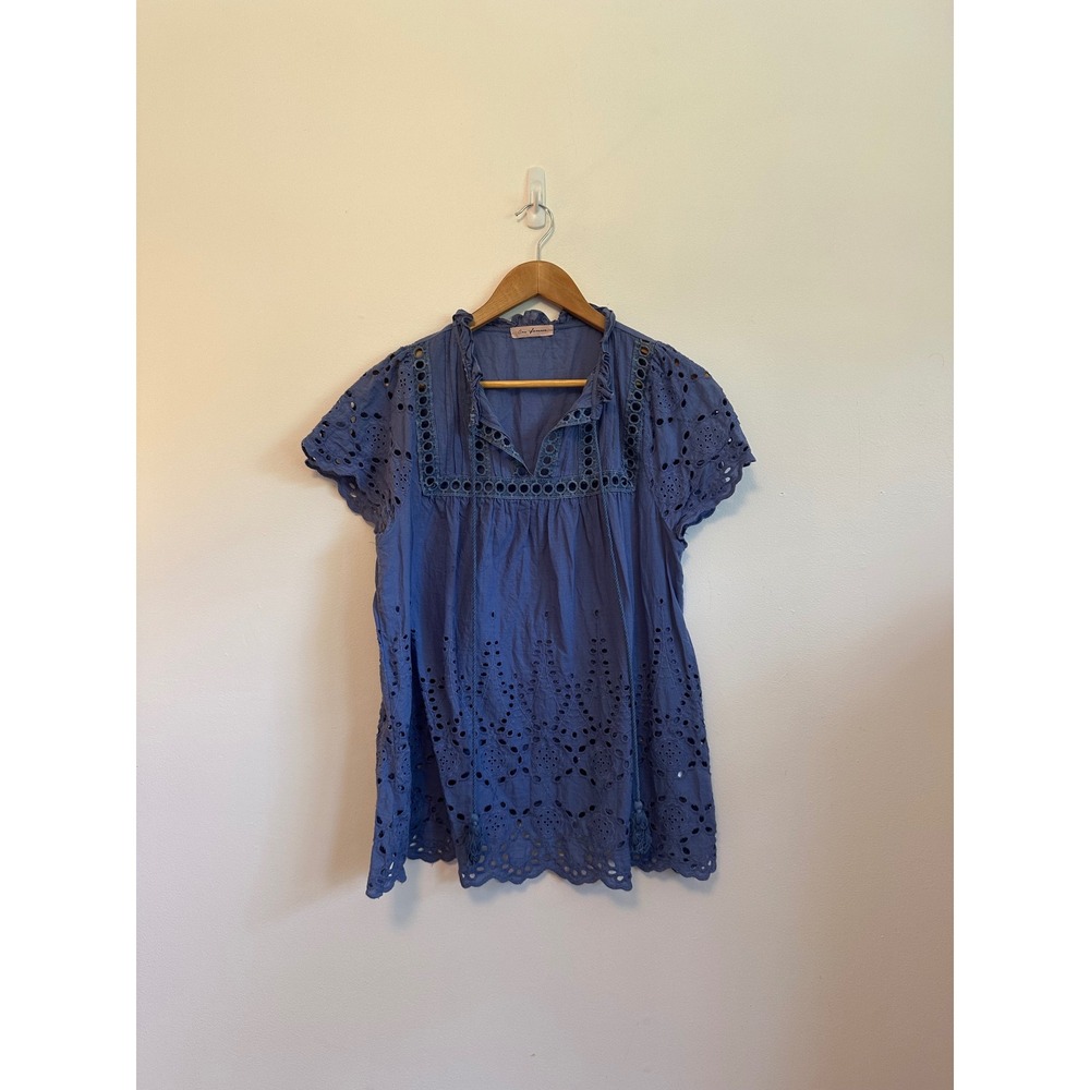 Ces Femme Blue Eyelet Cotton Boho Blouse | Size Small